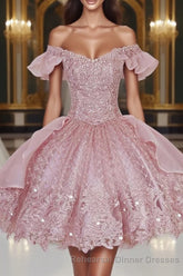 Pink Lace Homecoming Gown with Beading,Princess Off the Shoulder Hoco Dress